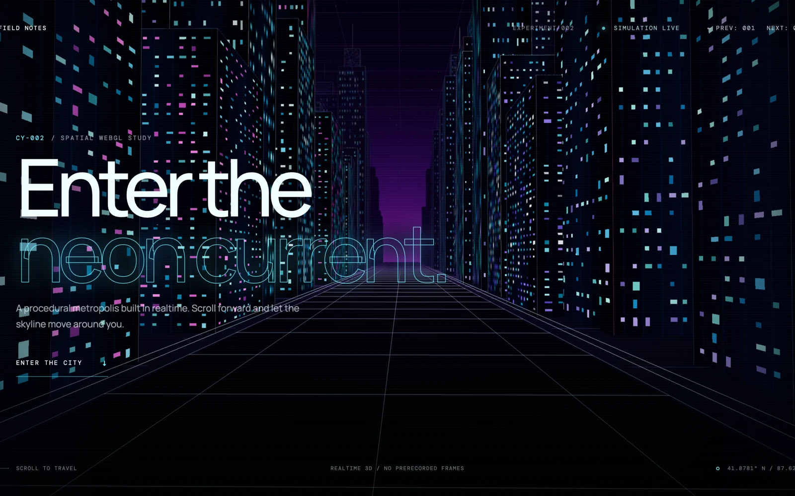 Neon Current, a realtime cyber city website with a luminous procedural skyline